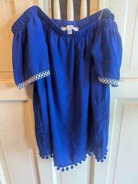 Deep Royal Blue Off-Shoulder Pom Pom Hem Dress Top.